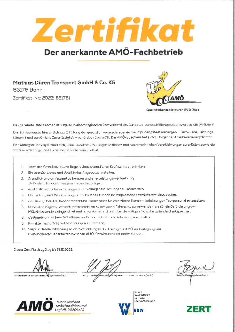 AMÖ-Zertifikat Spedition Düren